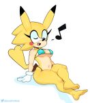  anthro black_clothing black_panties black_underwear bra breasts clothing curvy_figure eulipotyphlan eyes_closed fan_character female fur hedgehog hi_res mammal musical_note navel nintendo panties pikachu pok&eacute;mon pok&eacute;mon_(species) singing sitting slim small_waist solo somescrub sonichu_(character) sonichu_(series) text underwear url video_games yellow_body yellow_fur 