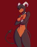  anthro black_body black_fur breasts canid canine canis crossed_arms croxot domestic_dog female fur genitals horn houndoom looking_at_viewer mammal navel nintendo nipples nude pok&eacute;mon pok&eacute;mon_(species) pupils pussy red_background red_eyes signature simple_background slit_pupils solo video_games 