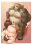  2021 absurd_res anthro aotoaka balls belly blush bodily_fluids brown_body brown_fur canid canine chubby_protagonist_(tas) cum duo ejaculation erection fur genital_fluids genitals gyobu hi_res human human_on_anthro interspecies lying male male/male mammal moobs nipples overweight overweight_male penis protagonist_(tas) raccoon_dog scar sex simple_background sitting tanuki tokyo_afterschool_summoners video_games 