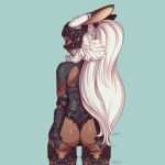  1:1 animal_humanoid armor clothing digital_drawing_(artwork) digital_media_(artwork) digital_painting_(artwork) ears_back female final_fantasy final_fantasy_xii fran furrholic hair holding_butt human humanoid lagomorph lagomorph_humanoid leporid looking_at_viewer looking_back mammal mammal_humanoid pivoted_ears rabbit red_eyes solo square_enix video_games viera white_hair 