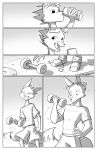  2012 absurd_res anthro beverage_can biped bottomwear canid canine clothed clothing comic conditional_dnp digital_media_(artwork) drinking exercise fluffy fluffy_tail footwear fox growth hi_res jollyjack male mammal monochrome muscle_growth muscular muscular_anthro muscular_male shoes solo topwear weightlifting weights workout 