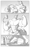  2012 abs absurd_res anthro biceps big_muscles big_penis biped bottomwear canid canine clothed clothing comic conditional_dnp digital_media_(artwork) erection exercise feet flexing fluffy fluffy_tail fox genitals growth gym hi_res huge_muscles huge_penis humanoid_genitalia humanoid_penis jollyjack macro male mammal monochrome muscle_growth muscular muscular_anthro muscular_male partially_clothed pawpads paws pecs penis soles solo topless torn_clothing wardrobe_malfunction weightlifting weights workout 