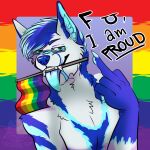  2021 anthro biped blue_nose blue_tongue canid canine catstruction english_text eyewear gesture glasses hi_res lgbt_pride male mammal middle_finger pride_colors profanity rainbow_flag rainbow_pride_flag rainbow_symbol solo text tongue watermark 