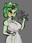  anthro blush cool_s cute_fangs dusa european_mythology female feral flower gorgon greek_mythology green_body green_skin hades_(game) hi_res lifting_clothing living_hair looking_at_viewer mythology plant pseudo_hair reptile scalie snake snake_hair solo teasing tongue tongue_out unknown_artist 
