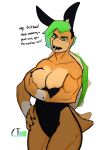  2021 anthro biped breasts bunny_costume cjfurs clothed clothing costume covering covering_breasts covering_self dialogue digital_media_(artwork) female green_eyes green_hair green_shell hair hand_on_hip hi_res koopa looking_at_viewer mario_bros muscular muscular_anthro muscular_female nimbus_(noahnsfw) nintendo scalie shaded shell signature simple_background solo spiked_shell spikes spikes_(anatomy) standing tailwag tan_body text torn_clothing video_games wardrobe_malfunction white_background yellow_body 