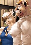  2021 andre_(chirenbo) anthro baseball_cap chirenbo clothing cougar ear_piercing felid feline female fur girl_staring_at_man&#039;s_chest group hat headgear headwear hi_res male mammal muscular muscular_male piercing 