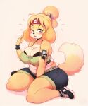  2018 5:6 accessory animal_crossing anthro bell belly big_breasts biped blonde_hair blush blush_stickers bodily_fluids bottomwear breasts canid canine canis cleavage cleavage_overflow clothed clothing curvy_figure digital_media_(artwork) dipstick_tail domestic_dog female flying_sweatdrops footwear fully_clothed fur hair headband hi_res huge_breasts huge_thighs isabelle_(animal_crossing) mammal midriff motion_lines multicolored_tail nintendo one_eye_closed overweight overweight_anthro overweight_female portable_music_player secretly_saucy shaking shih_tzu shoes shorts signature simple_background solo super_smash_bros. sweat sweatband sweatdrop thick_thighs toy_dog trembling video_games voluptuous white_background wristband 