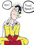  absurd_res canid canine cashopeia clothed clothing felid feline hair hi_res human male mammal one-punch_man one_(manga) open_mouth saitama_(one-punch_man) simple_background tem temmie_(undertale) text topwear undertale video_games white_body 