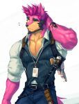 2021 anthro canid canine clothing facial_hair fur hair male mammal metokuron muscular muscular_male pecs pink_body pink_fur pink_hair simple_background solo 
