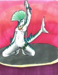  anthro aroused_smile breasts claws exotic_dancer exotic_dancing female fin fish genitals glowstick hi_res marine money nipples nyghtmar3 pole pussy roxy_the_tiger_shark shark slender_body small_breasts solo spread_legs spreading stripper_pole tigershark 