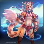  accessory anthro arm_wraps bell bell_collar bottomwear bulge cheetahpaws clothing collar felid feline furgonomics hi_res loincloth male mammal solo standing stripes tail_accessory tail_bell underwear wraps 