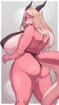  absurd_res anthro big_breasts big_butt blonde_hair blush breasts butt clothed clothing dragon female fingers hair hi_res horn huge_breasts long_hair looking_at_viewer looking_back nipple_outline non-mammal_breasts open_mouth pink_body portrait purple_eyes scalie shirokoma solo standing thick_thighs three-quarter_portrait 