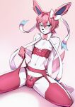  anthro black_nose blue_eyes blush bulge clothed clothing clothing_pull crossdressing digital_media_(artwork) eeveelution eyewear fur girly glasses gradient_background hair hi_res legwear legwear_pull lingerie looking_at_viewer male navel nintendo nipples panties pink_clothing pink_hair pink_legwear pink_lingerie pink_nipples pink_panties pink_underwear pok&eacute;mon pok&eacute;mon_(species) pok&eacute;morph round_glasses shaded simple_background solo sylveon underwear video_games white_body white_fur zetsuboucchi 