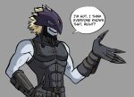  anthro asnowflakeowl bandai_namco beelzemon belt biker blonde_hair clothing demon digimon digimon_(species) english_text eyes_closed gloves grey_background hair hand_on_hip handwear happy hi_res male mask simple_background smile solo text 