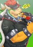  2021 anthro biped bottomwear bowser clothing golf_club hi_res humanoid_hands janemoroh kemono koopa male mario_bros musclegut nintendo overweight overweight_male pants scalie shirt solo text topwear video_games 