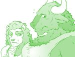  2021 4:3 anthro bodily_fluids bovid bovine butusan_p cattle clothing duo ears_down eyebrows felid flustered girl_staring_at_man&#039;s_chest green_and_white horn lion looking_at_another looking_at_muscles looking_away male mammal mane meme monochrome muscular muscular_anthro muscular_male pantherine pecs pivoted_ears shirt simple_background stare sweat sweatdrop tank_top topwear white_background 