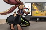  big_butt bottomwear brown_body brown_fur butt clothing comet_bun crouching exercise fur hair hi_res kotsu lagomorph legwear long_ears mammal nintendo nintendo_switch pants ring_fit_adventure short_tail signature squats thick_thighs tight_clothing tights topwear video_games workout yoga_pants 