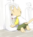  anthro blush bodily_fluids catfox22 genital_fluids hi_res kneeling licking male solo tongue tongue_out urinal urine young 