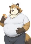  2021 anthro barontoko belly blush bottomwear brown_body brown_fur bulge canid canine clothing food fur hi_res humanoid_hands kemono male mammal overweight overweight_male pants raccoon_dog shirt simple_background solo tanuki topwear white_background 