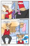  2:3 anthro blue_body blue_fur brown_body brown_fur clothed clothing comic conditional_dnp duo english_text erection felid fur genitals hi_res male male/male mammal penis pink_penis purple_eyes ryoku ryoku_(character) small_penis tapering_penis teasing text url yellow_eyes 