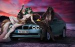  2021 4_toes 5_fingers anthro areola bmw breasts car day detailed_background digital_media_(artwork) duo feet felid feline female fingers mammal melianah nipples nude outside sky smile toes vehicle 
