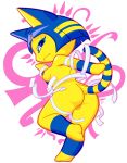  2020 alpha_channel animal_crossing ankha_(animal_crossing) anthro blue_hair breasts butt domestic_cat felid feline felis female genitals hair looking_up mammal nintendo nipples on_one_leg pussy simple_background solo standing thanu transparent_background video_games yellow-body 