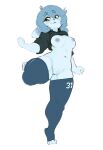  anthro big_breasts blue_body blue_fur breasts clothing female fur genitals hi_res lagomorph legwear leporid mammal navel nipples on_one_leg pussy rabbit solo standing supertrashparty text text_on_clothing text_on_legwear text_on_thigh_highs thick_thighs thigh_highs wide_hips 