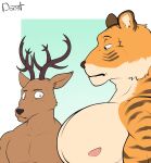  anthro antlers beastars bill_(beastars) black_nose brown_body cervid doost duo felid feline girl_staring_at_man&#039;s_chest horn huge_pecs looking_at_another looking_at_muscles louis_(beastars) male male/male mammal meme muscular muscular_anthro muscular_male nipples nude orange_body pantherine pecs simple_background standing stare stripes tiger 