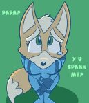  anthro bodily_fluids canid canine clothing crossgender female fox fox_mccloud green_background looking_at_viewer looking_up mammal metroid nintendo pembroke sad simple_background skinsuit solo star_fox teardrop tears tight_clothing video_games zero_suit 