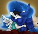  2016 anthro bed big_breasts black_hair blue_body blue_eyes blue_fur blue_hair breasts cosmic_hair curvy_figure cutie_mark digital_media_(artwork) duo equid equine ethereal_hair eyelashes eyes_closed eyeshadow face_in_breasts female fingers friendship_is_magic fur furniture hair hasbro horn horse hug huge_breasts lying makeup male male/female mammal my_little_pony navel nipples nude on_side pegasus pony princess_luna_(mlp) sandwich-anomaly simple_background smile voluptuous white_body white_fur winged_unicorn wings 