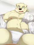  2021 absurd_res anthro belly blush clothing eyewear glasses hi_res kemono leib_(tas) male mammal moobs navel nipples nisikemo overweight overweight_male polar_bear robe sitting smoking solo tokyo_afterschool_summoners undressing ursid ursine video_games 