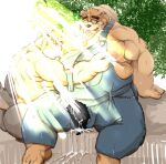  2021 anthro blush bodily_fluids brown_body brown_fur butt canid canine canis censored clothing cum cum_on_ground domestic_dog duo fur genital_fluids hat headgear headwear humanoid_hands kemono kotobuki male male/male mammal moobs moritaka nipples obese obese_male overweight overweight_male sitting straw_hat tokyo_afterschool_summoners ursid video_games volos 