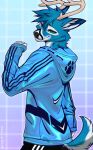  2021 5_fingers angiewolf anthro antlers black_nose blue_body blue_fur blue_hair cervid clothed clothing digital_media_(artwork) fingers fur hair hi_res horn male mammal sanding smile solo 