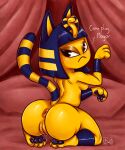  5:6 animal_crossing ankha_(animal_crossing) anthro anus bed big_butt blue_hair blue_pawpads bodily_fluids breasts butt dialogue domestic_cat feet felid feline felis female fur furniture genital_fluids genitals hair hi_res kneeling looking_at_viewer looking_back mammal nintendo nipples nude pawpads paws pussy pussy_juice rear_view side_boob skye3337 solo text toes video_games yellow_body yellow_fur 