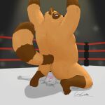  1:1 2020 anthro brown_body brown_fur butt canid canine crispcactus duo facesitting fighting_ring fur hi_res humanoid_hands lying male mammal overweight overweight_male raccoon_dog story story_in_description tanuki wrestling 