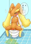  &lt;3 &lt;3_censor anthro bathroom blush bodily_fluids breath brown_body brown_fur censored dialogue eyes_closed female flat_chested floor fur genital_fluids genitals hi_res inside japanese_text kemono lagomorph long_ears lopunny mammal nintendo omorashi open_mouth peeing peeing_on_floor pok&eacute;mon pok&eacute;mon_(species) pussy queen_kemono sitting solo spread_legs spreading sweat tears text thought_bubble tile tile_floor toilet translated urine urine_on_floor urine_pool urine_stream video_games watersports 
