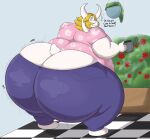  anthro asgore_dreemurr beard big_butt blonde_hair boss_monster bottomwear bovid butt caprine clothing digital_drawing_(artwork) digital_media_(artwork) facial_hair fur glistening glistening_clothing glistening_hair goat hair hi_res horn huge_butt hyper hyper_butt looking_back male mammal megacoolbear_(artist) obese obese_anthro obese_male overweight overweight_anthro overweight_male pants pink_clothing pink_shirt pink_topwear plant shaded shirt solo standing topwear undertale video_games watering_can white_body white_fur 