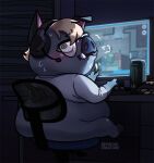  animal_crossing anthro artist_name black_nose blonde_hair blush bodily_fluids bottomless chair chip_bag chips_(food) clothed clothing computer_desk computer_monitor desk domestic_pig embarrassed eyewear food furniture glasses grey_body grey_skin hair headphones hooves keyboard looking_at_viewer looking_back looking_back_at_viewer male mammal monster_energy nintendo office_chair overweight overweight_male raymond_(animal_crossing) shirt sitting_on_chair solo suid suina sus_(pig) sweat sweatdrop topwear tusks vaguecreature video_games white_clothing white_shirt white_topwear yellow_eyes 