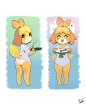  animal_crossing anthro butt canid canine canis clothing domestic_dog fant_da_fanto female food hi_res holding_food holding_object isabelle_(animal_crossing) looking_back mammal multiple_poses nintendo oversized_shirt panties pink_clothing pink_panties pink_underwear pose simple_background smile solo tailwag underwear video_games 