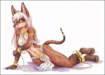  2019 4_toes 5_fingers anthro anubian_jackal arm_support aureus_(canisaureus) barefoot black_border black_nose border bottomwear bound breasts brown_body brown_fur canid canine canis chain claws cleavage clothed clothing ear_piercing egyptian feet female finger_claws fingers fur gold_(metal) gold_chain gold_shackles hair harem_outfit hindpaw humanoid_hands jackal loincloth long_hair looking_at_viewer lying mammal navel on_side paws piercing pinup pose shackles signature skimpy slave snowsnow11 solo toes traditional_media_(artwork) white_body white_fur 