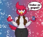 anthro avian beverage_can bird clothing coca-cola dialogue female larikane pepsi solo 