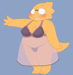  2021 alphys alpi anthro belly big_breasts blue_background blush breasts cleavage clothed clothing eyewear female glasses hi_res lizard negligee non-mammal_breasts overweight overweight_anthro overweight_female panties raised_arm reptile scales scalie short_stack simple_background solo thick_tail thick_thighs translucent translucent_clothing undertale underwear video_games wide_hips yellow_body yellow_scales 