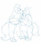  2018 anthro apron bottomwear bravo canid canine clothing disney duo fox gideon_grey hi_res hyenafur kody_rowan_(character) male male/male mammal overweight overweight_male pants shirt simple_background sketch topwear white_background zootopia 