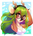  2020 anthro breasts brown_eyes cervid clothed clothing day detailed_background digital_media_(artwork) female green_hair hair mammal outside pacevanrign sky solo 
