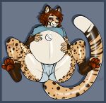  2018 4_toes 5_fingers anthro barefoot belly belly_valve big_belly blue_clothing blue_eyes blue_shirt blue_topwear blue_underwear blush blush_lines bottomware brown_body brown_hair brown_nose brown_pawpads cheetah clothing daniel156161_(character) digitigrade fangs feet felid feline female fingers front_view fur glistening glistening_body hair hand_on_stomach hi_res hiddenwolf hybrid jaguar laying_on_ground leonie_(daniel156161) long_tail mammal multicolored_ears nipple_outline nipples nozzle orange_body orange_fur pantherine pawpads paws pink_nipples pregnant pregnant_female rubber shirt short_hair smile solo spots spots_(marking) spread_toes thin_tail tiger toes topwear underwear white_body white_fur 