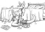  2006 after_transformation anthro bed book breasts claws clothing eyewear female flinters fur furniture glasses hair jewelry kangaroo macropod mammal marsupial monochrome necklace nipples pillow pouch_(anatomy) solo toe_claws torn_clothing 