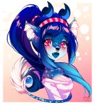  2019 anthro blue_body blue_fur blue_hair breasts clothed clothing digital_media_(artwork) eyebrows eyelashes facial_piercing female fur hair horn nose_piercing nose_ring open_mouth pacevanrign piercing red_eyes septum_piercing solo teeth tongue wilderkin 