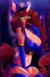 2019 anthro breasts brown_hair cervid clothed clothing digital_media_(artwork) eyebrows eyelashes female green_eyes hair hi_res horn mammal midriff navel open_mouth pacevanrign thick_thighs tongue 