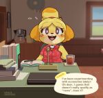 absurd_res animal_crossing anthro canid canine canis collar domestic_dog english_text female glowing glowing_eyes hi_res isabelle_(animal_crossing) looking_at_viewer mammal nintendo smile solo text vaguecreature video_games 