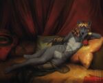 2019 anthro biped canid canine canis detailed_background flower fur grey_body grey_fur hair hi_res inside ira-arn looking_at_viewer lying male mammal navel nude on_side pillow plant pose rose_(flower) silk solo wolf yellow_eyes 